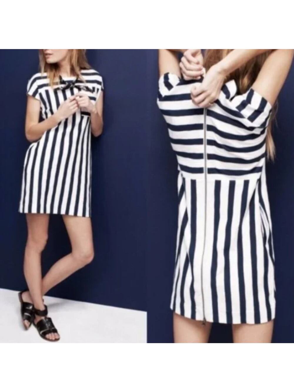 Madewell Blue Stripe Zipper Dress Preppy Nautical Vacation Seaside Coastal Yacht - Picture 1 of 8